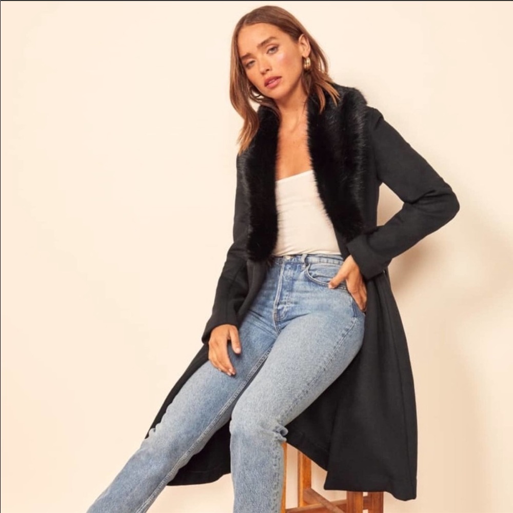 Reformation Black Faux-Fur Collar Long Coat